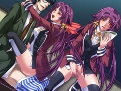 2girls age_difference black_rainbow blush censored classroom game_cg glasses hair_ornament long_hair necktie no_panties older_man_and_teenage_girl open_mouth penis purple_hair reading red_eyes school_uniform schoolgirl sex socks teacher_and_student threesome underwear ura_saiminjutsu_2