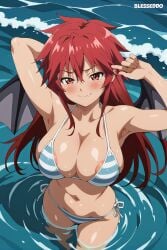 1girls 1monster ai_generated alternate_version_available areola bat_wings big_breasts bikini blesseddo breasts cleavage ecchi itadaki!_seieki long_hair looking_at_viewer monster_girl red_eyes red_hair vampire_girl water watermark