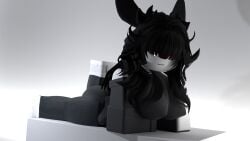 1girls 3d 3d_(artwork) animal_ears avesta_(zyxreigns) big_ass big_breasts big_butt black_clothing black_hair breasts clothed clothing dark_clothing dark_hair female female_focus female_only lagomorph lagomorph_humanoid large_ass large_breasts large_butt leg_up lying lying_down lying_on_floor lying_on_ground lying_on_stomach pale-skinned_female pale_skin pink_eyes roblox robloxian smile solo solo_female solo_focus tagme white_skin zyxreign