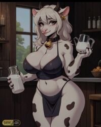 ai_generated apron bell_collar black_apron black_bra bovine bra brown_eyes collar cow_ears cow_girl cow_horns furry furry_female furry_only milk_bottle white_hair