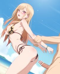 1boy akinoya bar_censor bare_shoulders bent_over bikini black_bikini blonde_hair blue_sky blush breasts censored cloud cloudy_sky day female floral_print_bikini highres kitagawa_marin large_breasts long_hair multicolored_hair nipples open_mouth outdoors penis pink_eyes pink_hair pussy sky solo_focus sono_bisque_doll_wa_koi_wo_suru swimsuit thighs two-tone_hair
