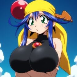 ai_generated artist_request bandana bandana bare_shoulders big_breasts black_bodysuit black_skinsuit black_spandex blue_hair bodysuit breasts female fingerless_gloves green_eyes happy happy_female huge_breasts large_breasts light-skinned_female light_skin lime_(saber_j) long_hair saber_marionette_j skinsuit skintight solo solo_female spandex spandex_bodysuit spandex_clothing spandex_suit tight_bodysuit tight_clothes tight_clothing yellow_bandana yellow_bandanna