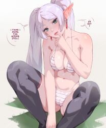 2d 2d_(artwork) 2d_artwork arttoru ass_cheeks belly belly_button bikini bikini_bottom bikini_top black_legwear breasts cameltoe elf elf_ears elf_female elf_girl english_text feet_out_of_frame feet_together female female_only frieren green_eyes hand_on_mouth hi_res legs legs_open legwear looking_at_viewer nipples_visible_through_clothing open_legs pale-skinned_female pale_skin pussy_peek sitting sitting_on_floor solo solo_female sousou_no_frieren swimsuit talking_to_viewer text text_bubble thigh_highs thighhighs thighs thinking white_bikini white_hair