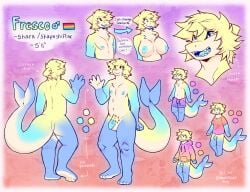 absurd_res anthro big_tail breasts clothed clothing demibido dialogue fish fresco_(character) hi_res lgbt_pride male marine model_sheet partially_clothed pubes shark solo tail