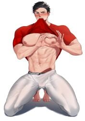 1boy 2020 abs bara bara_tiddies bara_tits bare_pectorals black_hair blush bukkake_rice bulge clothes_in_mouth clothes_lift erection erection_under_clothes full_body heart heart-shaped_boob_challenge heart-shaped_pupils heart_hands hi_res large_pectorals lifting_own_clothes looking_at_viewer male male_focus male_only mouth_hold muscles muscular muscular_male navel nipples pants pectorals red_shirt shirt shirt_in_mouth shirt_lift simple_background solo solo_male symbol-shaped_pupils thighs tight_clothes tight_pants visible_penis_shape white_background white_pants