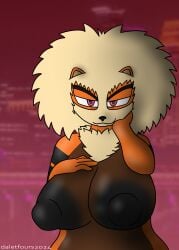 absurd_res afro alectrona_(daletfours) anthro arcanine areola bedroom_eyes big_areola big_breasts big_nipples black_nose breasts curvy_figure daletfours female fur generation_1_pokemon hair hand_on_breast hand_on_face hand_on_own_breast hand_on_own_face hi_res huge_nipples iridescent_eyes looking_at_viewer mature_female narrowed_eyes nintendo nipples nude nude_anthro nude_female orange_body orange_fur pokemon pokemon_(species) purple_eyes seductive short_ears solo tan_hair voluptuous voluptuous_female