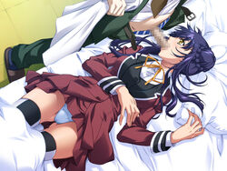 age_difference bed black_rainbow blue_hair blush censored fellatio female game_cg hair lab_coat labcoat long_hair older_man_and_teenage_girl oral panties penis pillow school_uniform skirt socks ura_saiminjutsu_2 white_panties yellow_eyes