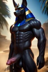 ai_generated anubis balls ballsack black_body cum cum_drip erect_penis erection muscles muscular muscular_male naked naked_male nude nude_anthro nude_male solo solo_male