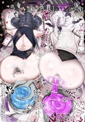 2girls anal ass back barefoot black_hair black_halo black_skirt blue_archive china_dress chinese_clothes demon_girl demon_horns double_bun dress grey_halo hair_bun halo highres hina_(blue_archive) horns kisaki_(blue_archive) long_hair multiple_girls niho12261 pillow scat shirt skirt translation_request white_hair white_shirt