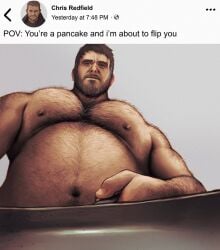 2d 2d_(artwork) 2d_artwork bara bara_tiddies bara_tits beefy brown_hair capcom chest_hair chris_redfield dad_bod daddy ericson_blum funny hairy_male handsome handsome_man himbo humor male male_focus male_only male_pov manly masculine masculine_man masculinity mature mature_male meme meme_reference muscular muscular_male no_visible_genitalia older_male pov resident_evil sexy shirtless shirtless_male text viewed_from_below