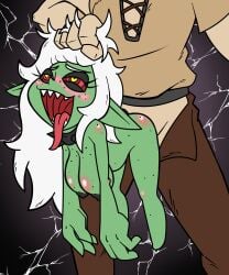 fanart gekoman goblin goblin_female green_skin hair_grab held_up human limp_arms male nokdeusneony red_eyes sex vaginal_penetration