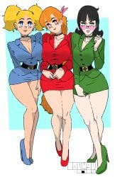 3girls aged_up black_hair black_hair_female blonde_hair blonde_hair_female blossom_(powerpuff_girls) blue_eyes breasts bubbles_(powerpuff_girls) buttercup_(powerpuff_girls) cartoon cartoon_network double_ponytail dress green_eyes long_hair long_hair_female multiple_girls old_quality orange_hair pink_eyes powerpuff_girls roumgu sara_bellum sara_bellum_(cosplay) short_hair short_hair_female skirt tagme trio trio_focus