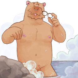 anthro belly capybara caviid convenient_censorship dripping_water ear_piercing eyewear facial_piercing genitals glasses hi_res hot_spring looking_at_viewer male mammal nipple_piercing nipples nose_piercing nude one_eye_closed orange_the_capybara orangebear piercing rodent solo steam water wet