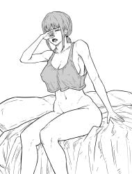 1girls bed belly_button big_breasts black_and_white bottomless breasts busty chainsaw_man crop_top curvy female female_only makima_(chainsaw_man) raggumba rubbing_eyes sitting solo tank_top tank_top_only waking_up wide_hips yawn