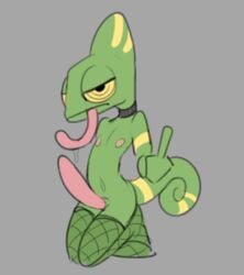 anthro chameleon chameleon_tail clothing collar fishnet_clothing fishnet_legwear flat_chested genitals gesture green_body grey_background half-closed_eyes hand_gesture jbun07 legwear lizard long_tongue male middle_finger narrowed_eyes navel nipples penis reptile scalie simple_background simple_penis slit_penis solo tongue