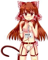 anal_beads blush bondage breasts brown_hair collar kimamani lactation leash long_hair looking_at_viewer maebari milking_machine nipples peeing red_eyes reimu_hakurei slave tail tear touhou translated vibrator