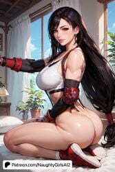 ai_generated ass bare_shoulders big_breasts black_hair black_skirt blush bottomless breasts crop_top curtains curvy earrings elbow_gloves elbow_pads female final_fantasy final_fantasy_vii final_fantasy_vii_remake fingerless_gloves gloves jewelry large_breasts long_hair looking_at_viewer low-tied_long_hair mature_female milf narrow_waist naughtygirlsai palm_tree patreon_username plant potted_plant red_eyes red_footwear shiny shiny_skin shirt_lift sitting skirt solo suspender_skirt suspenders tank_top taut_clothes taut_shirt thighs tifa_lockhart very_long_hair web_address white_tank_top window