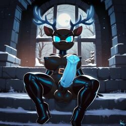 ai_generated anthro antlers balls big_cock blue_penis deer elbow_gloves ethereal forest futanari high_heel_boots latex leaking_precum leather moon night penis shortstack snow spirit thighhighs