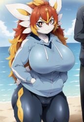 ai_generated bunny_girl cameltoe cinderace civitai fat_ass fluffy hoodie large_breasts leggings pokemon pokemon_(species) red_hair thick_thighs white_fur yellow_hair