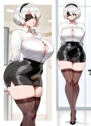 1girls ai_generated blindfold breasts cleavage difuxer female female_focus female_only large_breasts light_skin light_skinned_female nier:_automata office_lady skirt solo thighhighs thighs wide_hips yorha_2b