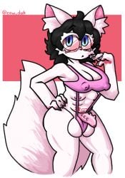 anthro balls barely_contained big_balls black_hair blue_eyes breasts clothing eyewear felid feline fur genitals glasses gynomorph hair hi_res intersex jessedahcow mammal multi_breast nipples penile_spines penis skye_(tinycatskye) slightly_chubby solo swimwear white_body white_fur