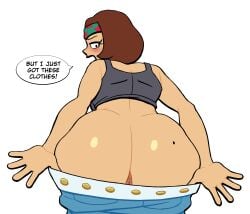 1girls american_dad anus brown_hair clothing cosplay dialogue family_guy female female_only headband looking_at_ass looking_at_self looking_back lovetopullmicke meg_griffin no_panties png short_hair solo struggling struggling_to_fit talking_to_self text thick_thighs white_background wide_hips