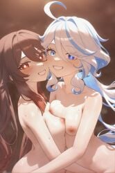 2girls ai_generated breasts breasts_to_breasts furina_(genshin_impact) genshin_impact hu_tao_(genshin_impact) looking_at_viewer nipples nude nude_female petite petite_body smile smiling_at_viewer