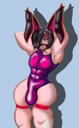 beard black_hair blue_eyes bunny_ears caritxxx cartoon femboy femboy_only hairclip leg_wear legwear leotard male moustache muscles no_background oc original_character self_upload short_hair solo standing