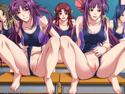 black_rainbow blue_hair blush breasts brown_hair censored classroom feet game_cg hair_ornament long_hair looking_at_viewer multiple_girls purple_hair pussy spread_legs sweat swimsuit thighhighs toes ura_saiminjutsu_2