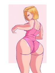 1girls android_18 ass_focus backboob big_ass bikini blonde_hair blue_eyes cel_shading dragon_ball dumptruck_ass female female_focus female_only juicy_ass masochistmaverick massive_ass massive_butt one-piece_swimsuit pawg pink_background posing profile swimsuit thick_ass