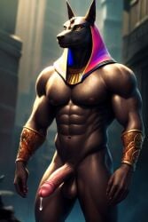 ai_generated anubis balls ballsack brown_body cum cum_drip erect_penis erection muscles muscular muscular_male naked naked_male nude nude_anthro nude_male solo solo_male