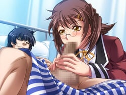 age_difference bed black_hair black_rainbow blowjob blush brown_hair censored clinic fellatio female game_cg glasses hairclip older_man_and_teenage_girl oral penis pillow school_uniform short_hair teacher_and_student underwear ura_saiminjutsu_2 yellow_eyes