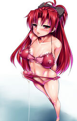 1futa bikini breasts censored cum erect_nipples futa_only futanari hairbow intersex long_hair mahou_shoujo_madoka_magica nipples penis ponytail puffy_nipples red_eyes red_hair sakura_kyouko see-through skin_tight solo swimsuit tied_hair zion