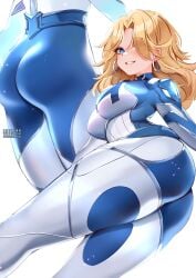 ass bent_over blonde_hair blue_bodysuit blue_eyes bodysuit breasts earrings female from_behind hair_over_one_eye invisible_woman jewelry large_breasts long_hair looking_at_viewer looking_back marvel marvel_rivals mole multiple_views shiny simple_background smile squchan sue_storm teeth white_background