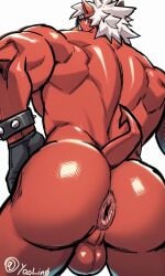 anthro ass asshole beard big_daddy_(zenless_zone_zero) boar butt_crack butt_focus furry male_focus male_only red_skin sunglasses white_hair yaoi zenless_zone_zero