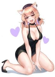 :d ahoge animal_ears bangs bare_arms bare_legs bare_shoulders between_legs black_choker black_dress black_footwear black_headwear blonde_hair blush breasts cat_ears choker cleavage collarbone dress eyebrows_visible_through_hair female full_body hair_ornament hairclip hand_between_legs hat heart high_heels large_breasts long_hair looking_at_viewer open_mouth red_eyes short_dress sitting sleeveless sleeveless_dress smile solo squchan_(vtuber) striped tongue tongue_out twintails virtual_youtuber vyugen white_background x_hair_ornament