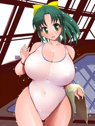 amano_taiki areolae bow breasts curvy female green_eyes green_hair hair_ornament hair_ribbon highres huge_breasts large_areolae large_breasts midorikawa_nao navel one-piece_swimsuit ponytail pool precure pretty_cure ribbon short_hair smile_precure solo standing swimsuit thighs tied_hair towel wet wide_hips