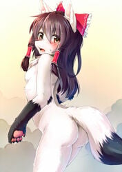 animal_ears animalization anthro ass bangs blush bow breasts brown_eyes brown_hair curly_hair embarrassed female fox fox_ears fox_tail fur furry furry_ears furry_tail hair_ornament hair_tubes hairbow hopeless_masquerade kagerofu kitsune long_hair looking_at_viewer looking_back looking_over_shoulder open_mouth paws pointy_ears reimu_hakurei sideboob smoke solo sweat tail tongue touhou transformation whiskers