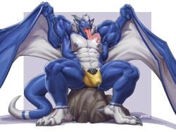 abs amon-sydonai anthro big_bulge big_muscles big_penis big_tongue black_penis bodily_fluids bulge claws clothed clothing dragon front_view genital_fluids genitals hair hi_res horn humanoid_genitalia humanoid_penis long_tongue male membrane_(anatomy) membranous_wings muscular muscular_anthro muscular_male mythological_creature mythological_scalie mythology nipples on_rock pecs penis precum precum_through_clothing precum_through_underwear rock saliva scalie sharp_teeth sitting sitting_on_rock solo teeth tenting toe_claws tongue tongue_out underwear underwear_only vein veiny_penis wet wet_clothing white_hair wings