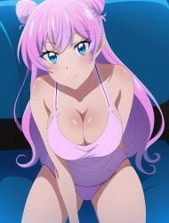 blue_eyes blush breasts flustered fuufu_ijou_koibito_miman intimate lingerie pink_hair pink_shirt watanabe_akari