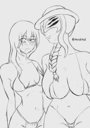 2girls areola_slip areolae avidita belly belly_button bikini blush blush braid breasts commission commissioner_upload foreteller_invi hat kingdom_hearts looking_at_breasts looking_at_partner mask meme meme_reference namine sketch square_enix watermark