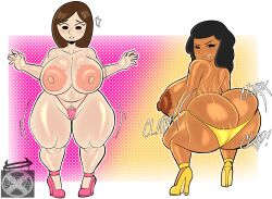 2girls areolae ass bikini black_eyes black_hair breasts brown_hair clothing cross_samax curvaceous dark-skinned_female dark_nipples dark_skin female female_only footwear gigantic_breasts guest_d guest_f high_heels huge_ass huge_breasts large_areolae large_ass large_breasts long_hair mii mole multiple_girls multiple_views nintendo nipples pantsu shoes smile squatting swimsuit thick_thighs thighs thong topless underwear wide_hips