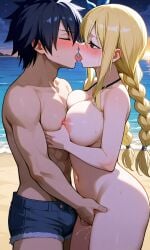 black_hair blonde_hair fairy_tail fingering_pussy gray_fullbuster imminent_sex lucy_heartfilia masturbation moonlight twin_braids