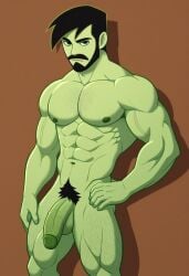 1boy 2025 abs ai_generated balls bara beard black_hair chest_hair civitai deltoids disney disney_channel erection gay genderswap_(ftm) green_eyes green_skin hairy_legs hand_on_hip highres kim_possible male muscular muscular_arms muscular_male muscular_thighs mustache navel nude pecs pectorals penis pubic_hair rule_63 shego simple_background solo veiny_muscles veiny_penis