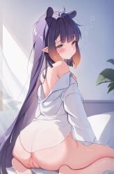 anus ass back bangs bare_shoulders barefoot blunt_bangs blush breasts eyebrows_visible_through_hair feet female from_behind hololive_english koahri long_hair looking_at_viewer looking_back naked_shirt nipples off_shoulder open_shirt pointy_ears purple_eyes purple_hair see-through seiza shirt sidelocks sitting small_breasts soles solo very_long_hair wariza white_shirt