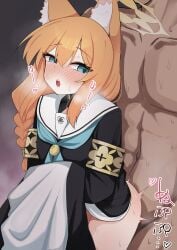 1boy animal_ears black_dress blue_archive blue_eyes blue_neckerchief blush braid cat_ears cat_girl clothed_female_nude_male dress female halo highres long_hair mari_(blue_archive) neckerchief nude open_mouth orange_hair sailor_collar sailor_dress sex sex_from_behind side_braid single_braid sound_effects straight teeth teruisi upper_teeth_only white_sailor_collar yellow_halo