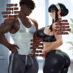 ai_generated aipotions bastard big_ass big_breasts black_hair cheating_wife clothing color dark-skinned_male dark_skin english_text erect_penis erection_under_clothes full_color gym gym_clothes gym_uniform light-skinned_female light_skin married_woman muscular muscular_male netorare ntr red_eyes sexy_body sport_suit sports_uniform spy_x_family text yor_briar yor_forger