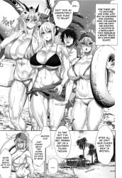 1boy 3girls artoria_pendragon barghest_(gawain)_(fate) beach big_breasts bikini doujinshi fate/grand_order fate_(series) harem manga manga_page morgan_le_fay_(fate) muscular_female mysterious_heroine_xx_(foreigner) teaindian