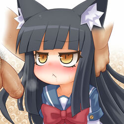 :< acquire animal_ears arekishi black_hair blush cat_ears copyright_request felpurr hands_on_head ken_to_mahou_to_gakuen_mono long_hair looking_up penis precum ribbon school_uniform sweat uncensored yellow_eyes