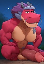 abs ai_generated anthro balls biceps big_balls big_penis dragon erection humanoid_genitalia humanoid_penis long_(wish_dragon) male male_nipples male_only manly muscular_anthro muscular_male netflix nipples pecs penis pink_body precum precum_drip wish_dragon